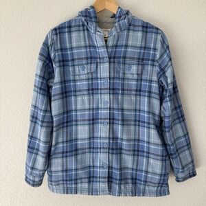 LLBean Fleece Lined Flannel Shacket Womens XS Blue Plaid Hooded Button
